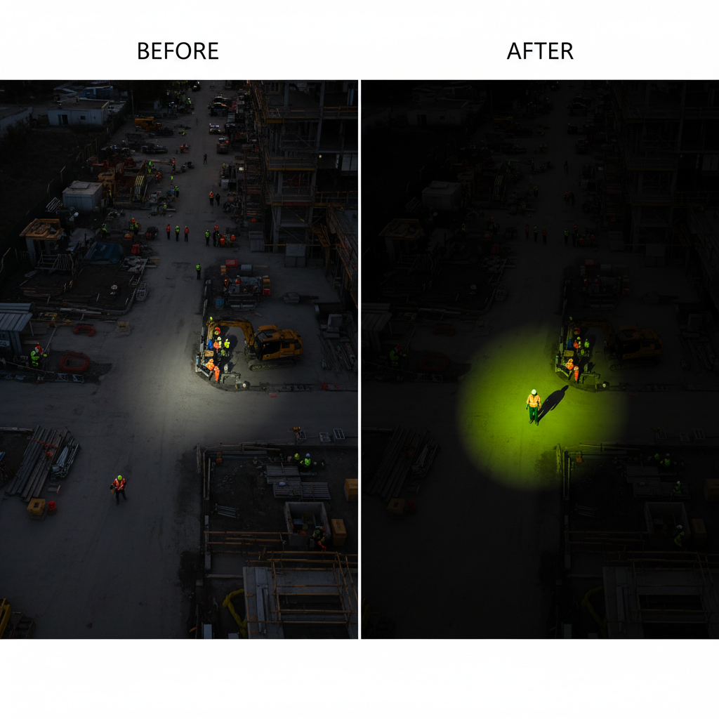 A video editing before-and-after showing a worker on a busy site being highlighted with a digital spotlight effect.