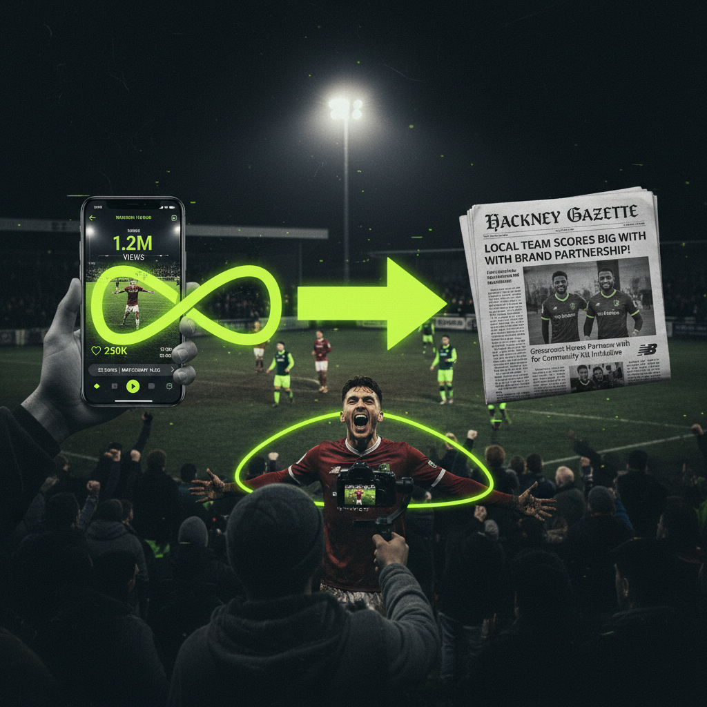 A diagram showing how viral content from a grassroots football influencer leads to positive local press coverage for a brand partner.
