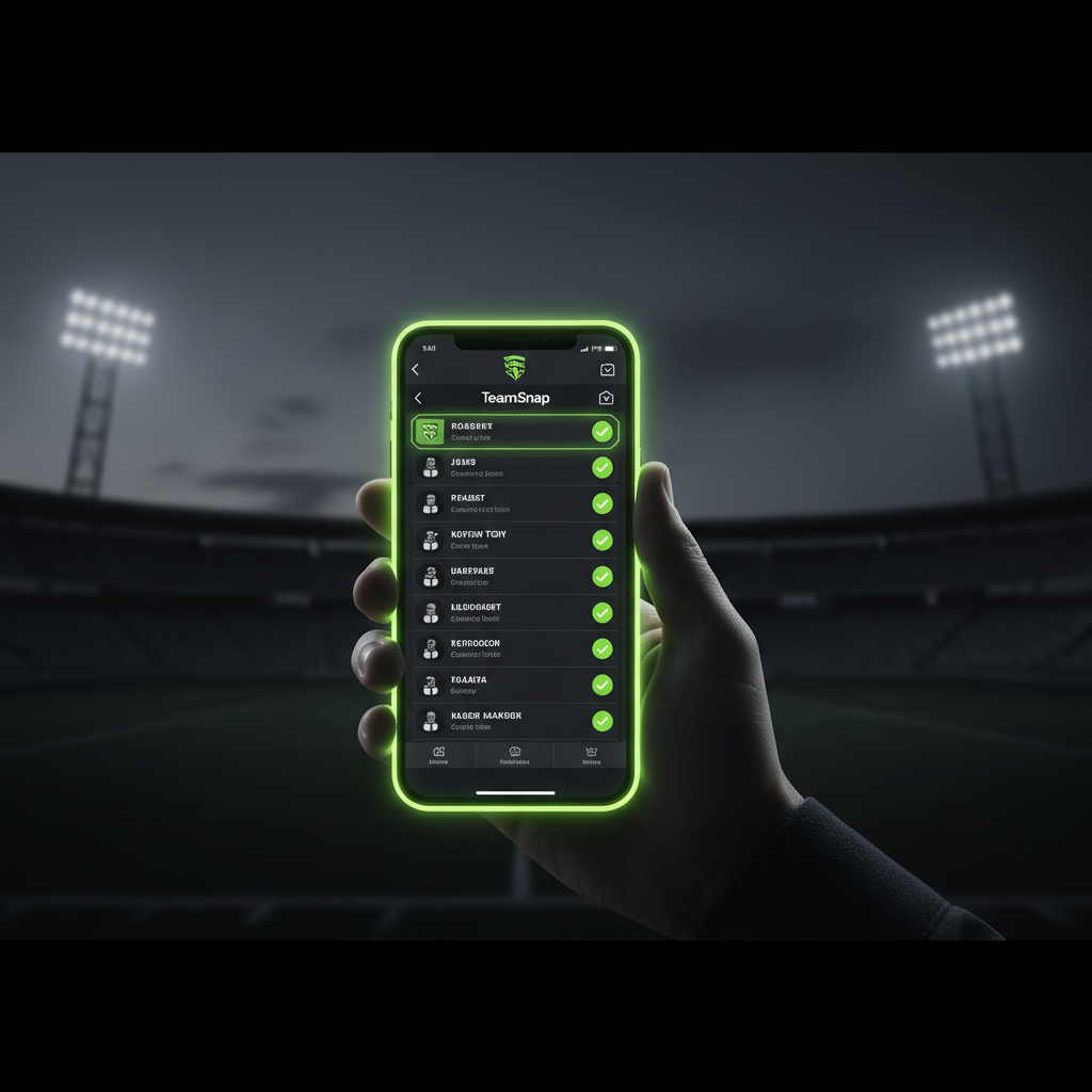 A smartphone displaying a sports team schedule with lime green highlights on a dark background