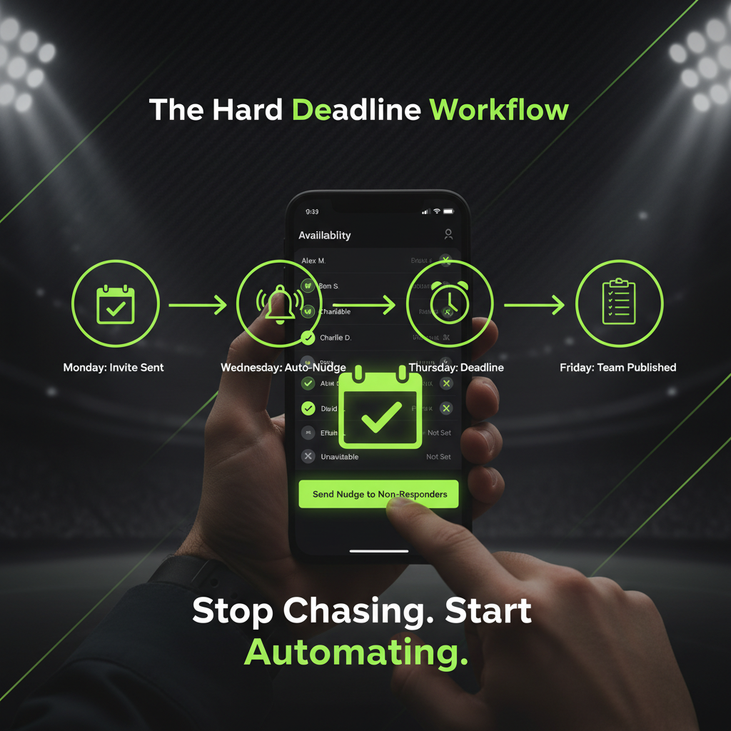 Infographic showing a weekly workflow for managing player availability using a hard deadline system to improve admin efficiency.