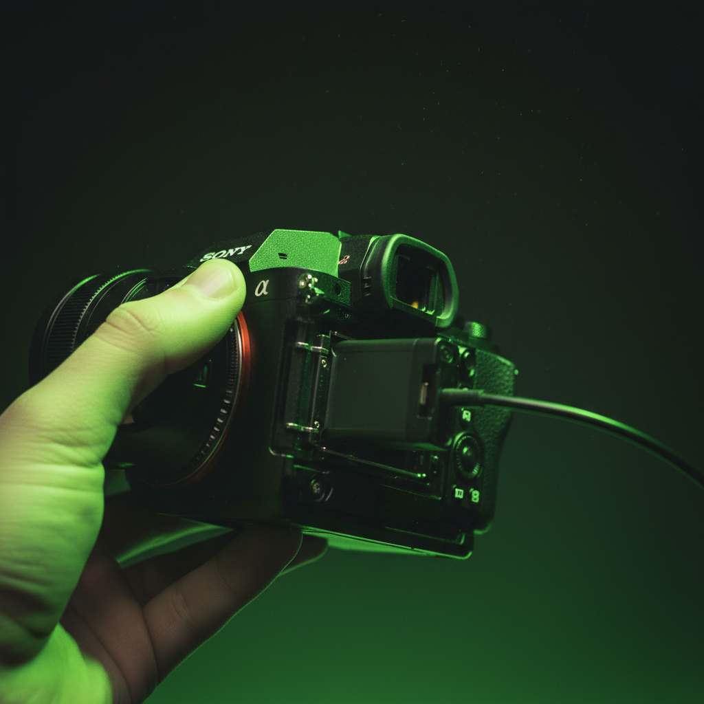 A dummy battery adapter being inserted into a black mirrorless camera, lit with a lime green accent light.