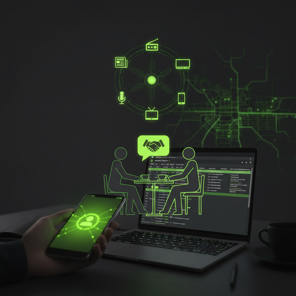 A dark-themed spreadsheet on a laptop screen organizes a media contact list with columns for name, outlet, and beat, highlighted in lime green.