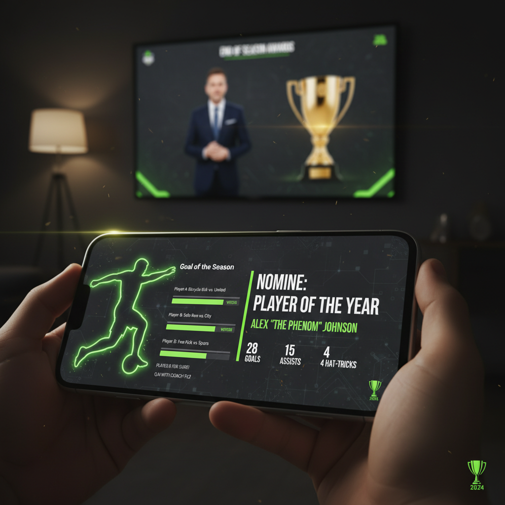 A smartphone screen showing a live poll during a digital awards ceremony, demonstrating second-screen fan engagement