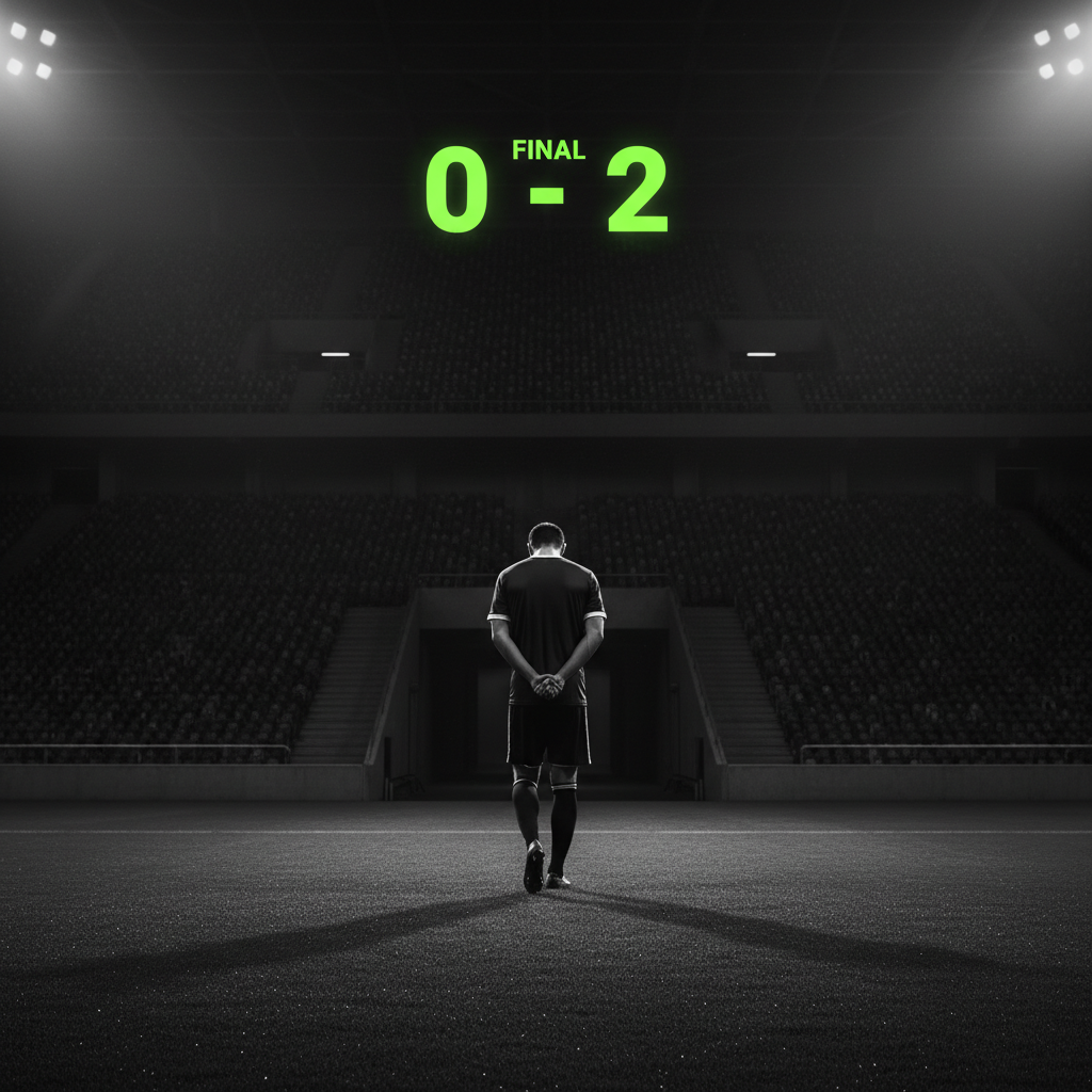 A minimalist football result graphic for a loss, showing a player walking away on a dark pitch with a simple lime green score.