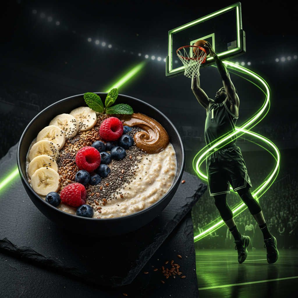 A basketball player in mid-air, dunking a basketball with explosive energy, highlighted by lime green motion trails against a dark arena background, symbolizing plant-based athletic power.