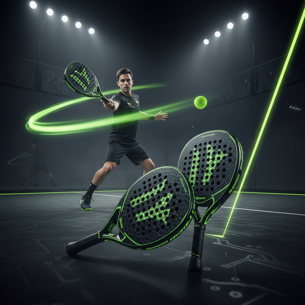 A close-up of high-tech 2026 padel and pickleball rackets with lime green details highlighting their advanced materials.