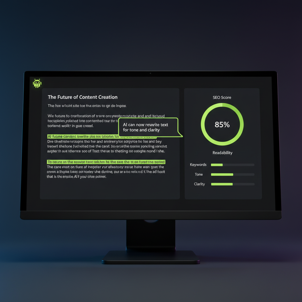 An AI writing assistant optimizing a blog post with lime green highlights for better SEO.