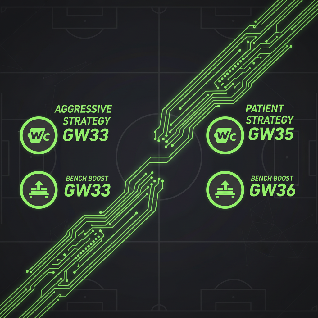 Infographic comparing the aggressive GW33 FPL chip strategy with the patient GW36 strategy.