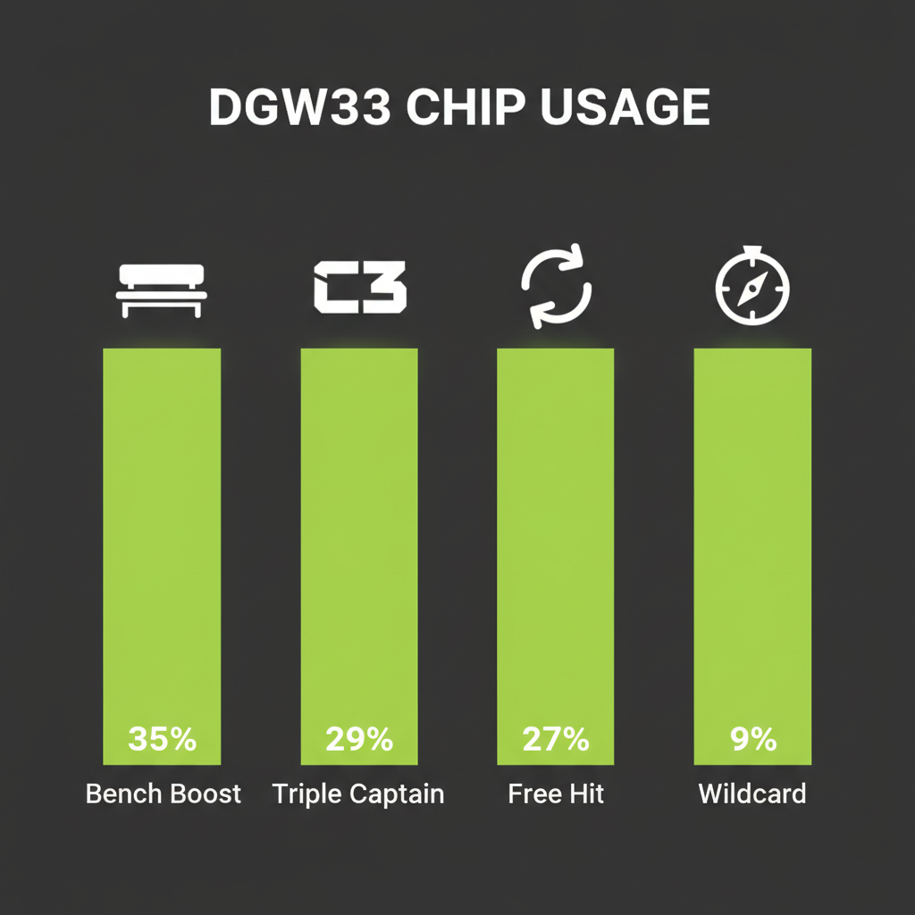 Bar chart showing FPL chip usage in Double Gameweek 33, with Bench Boost as the most popular at 35%.