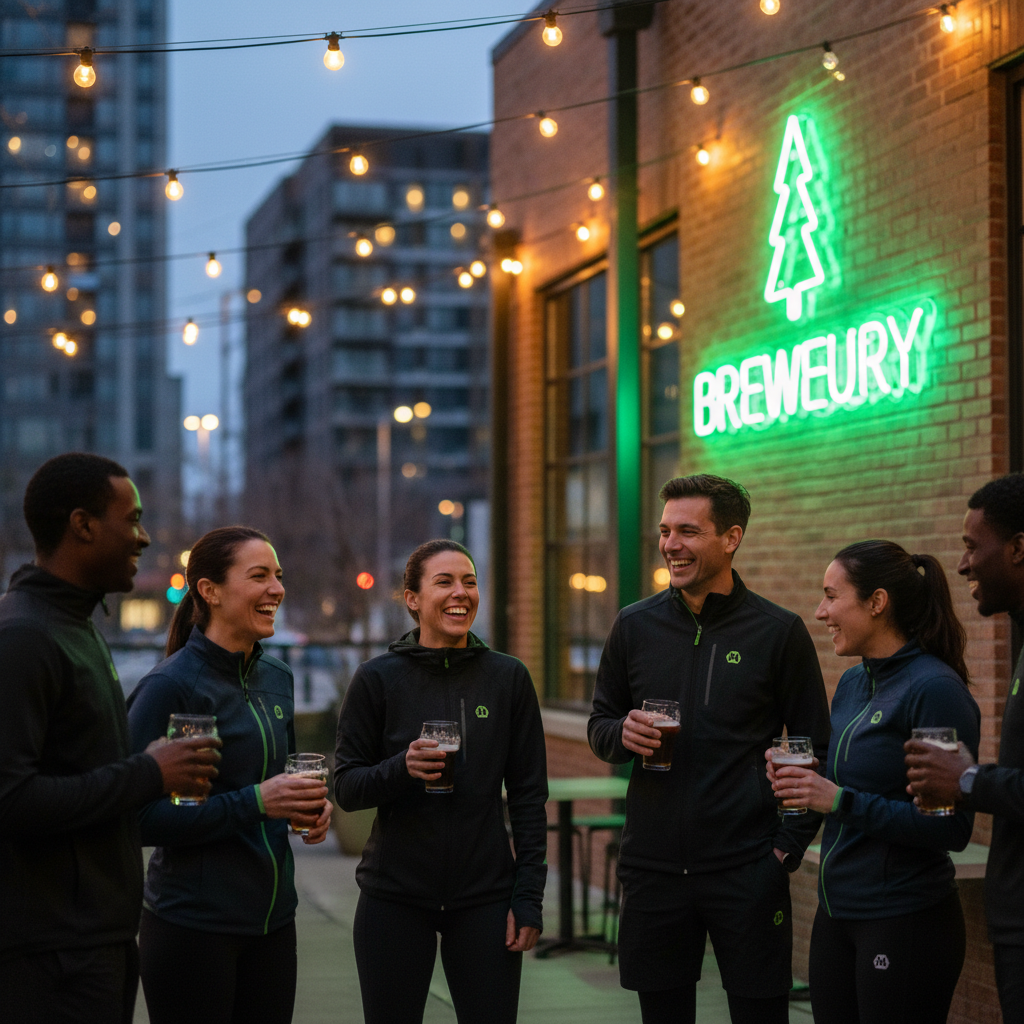 A diverse group of runners socializing outside a brewery at dusk, with ambient lime green lighting creating a warm, social atmosphere.