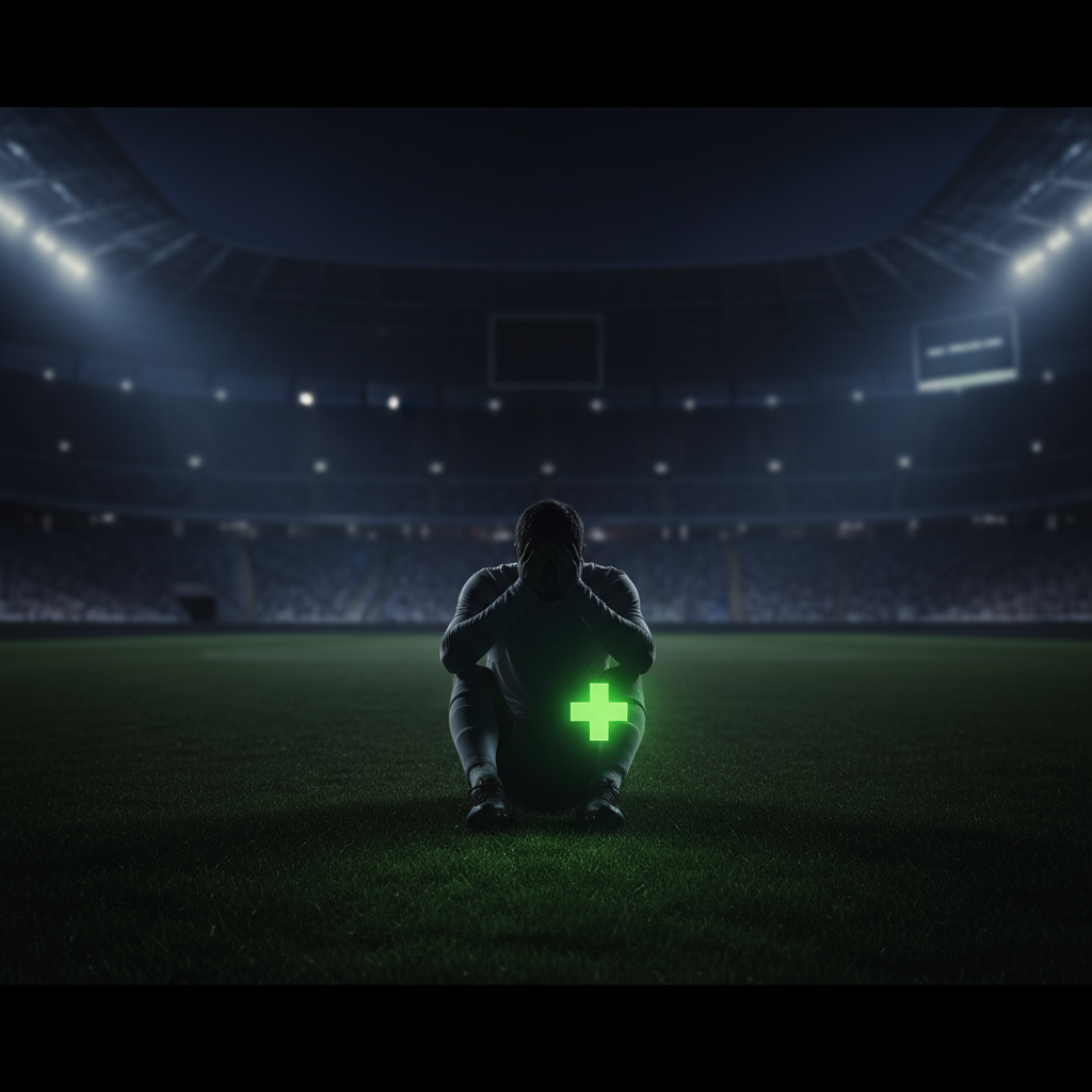 Close-up of a football boot on grass under a lime green light, symbolizing player fitness pressure.