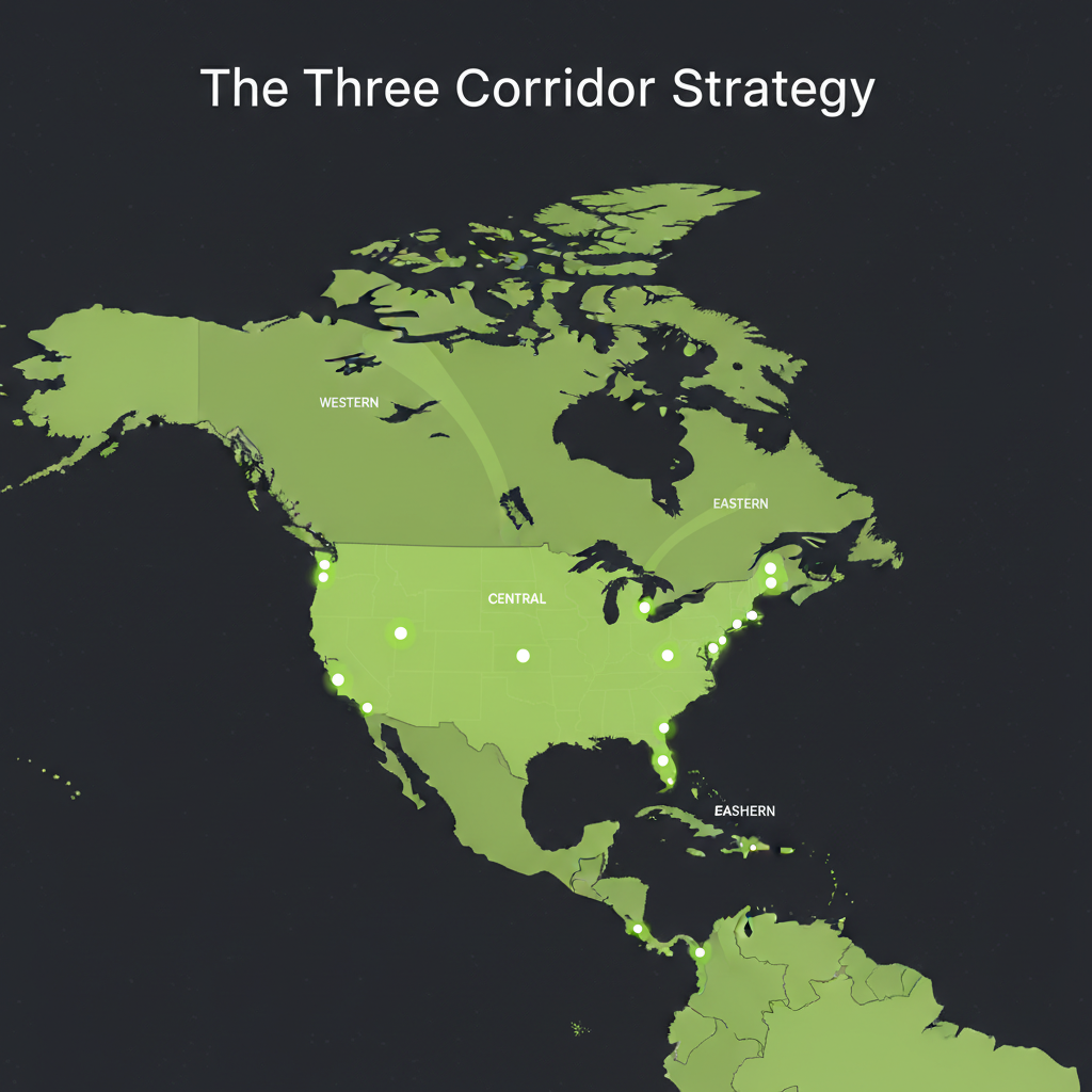 Map of the 2026 World Cup host cities, divided into Western, Central, and Eastern travel corridors with a lime green and dark color scheme.