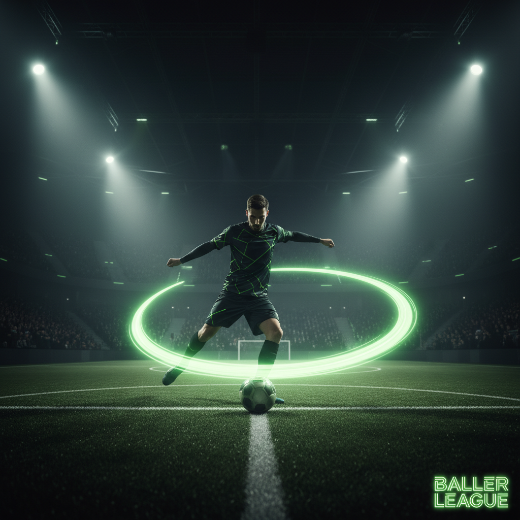 A Baller League player faces a goalkeeper in a 1v1 Gamechanger moment, with a lime green holographic graphic overhead.