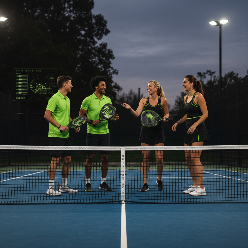 A padel player in a high-intensity match executes a powerful smash on a modern, dark-toned court.