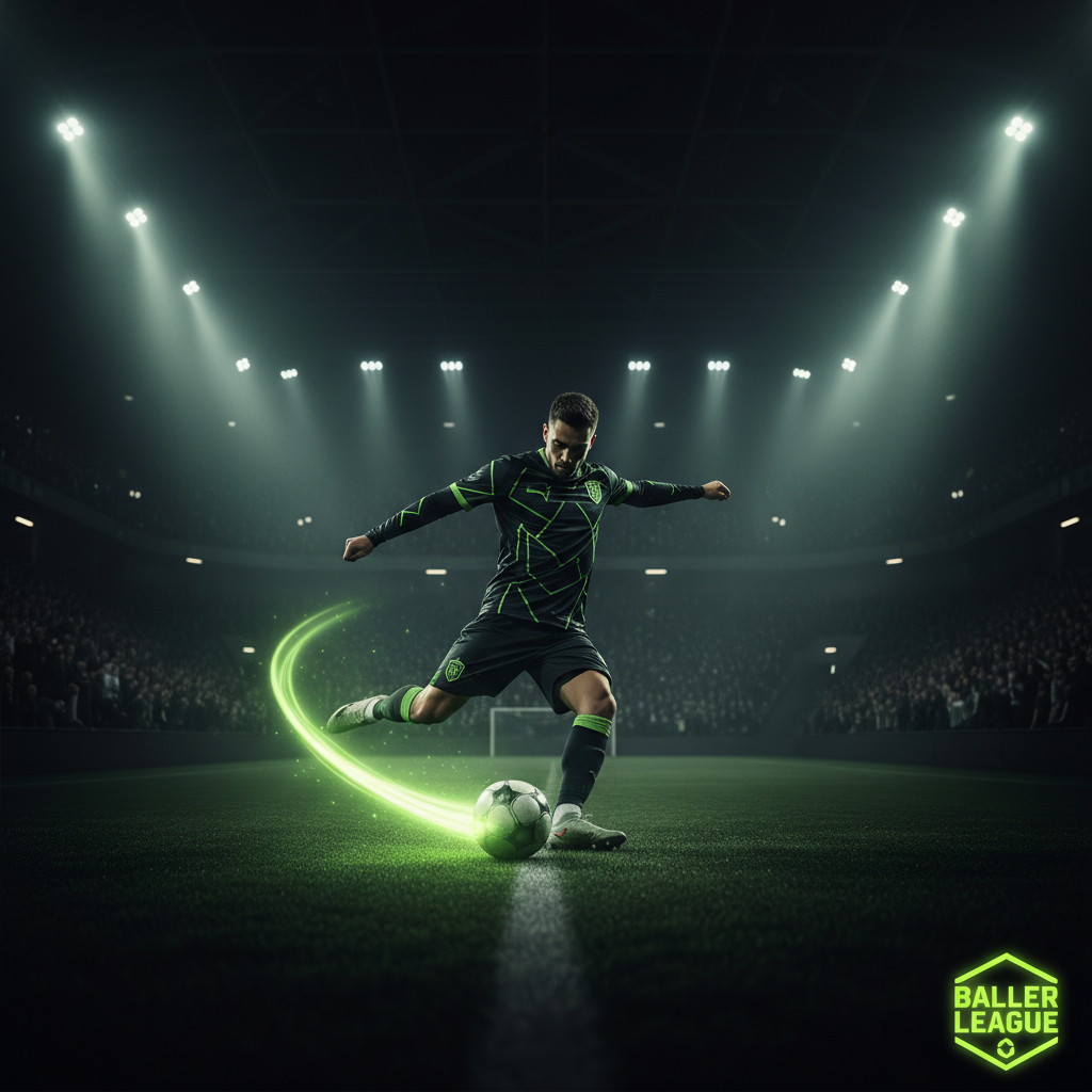 Celebrity managers Ronaldinho, Usain Bolt, and iShowSpeed watch a match from the sidelines in the dark, lime green-lit Baller League Arena.