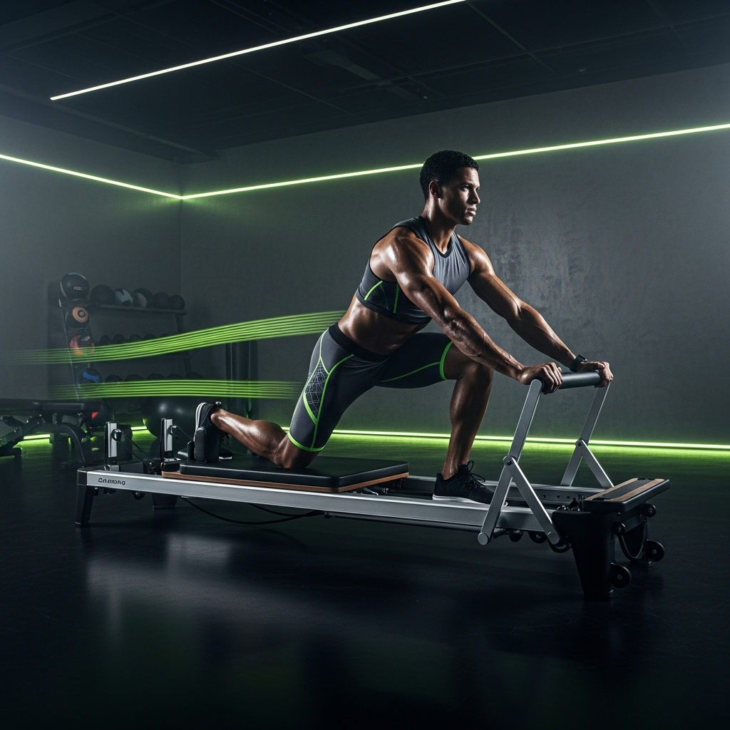 Elite athlete performing powerful lunge on a black Pilates Reformer