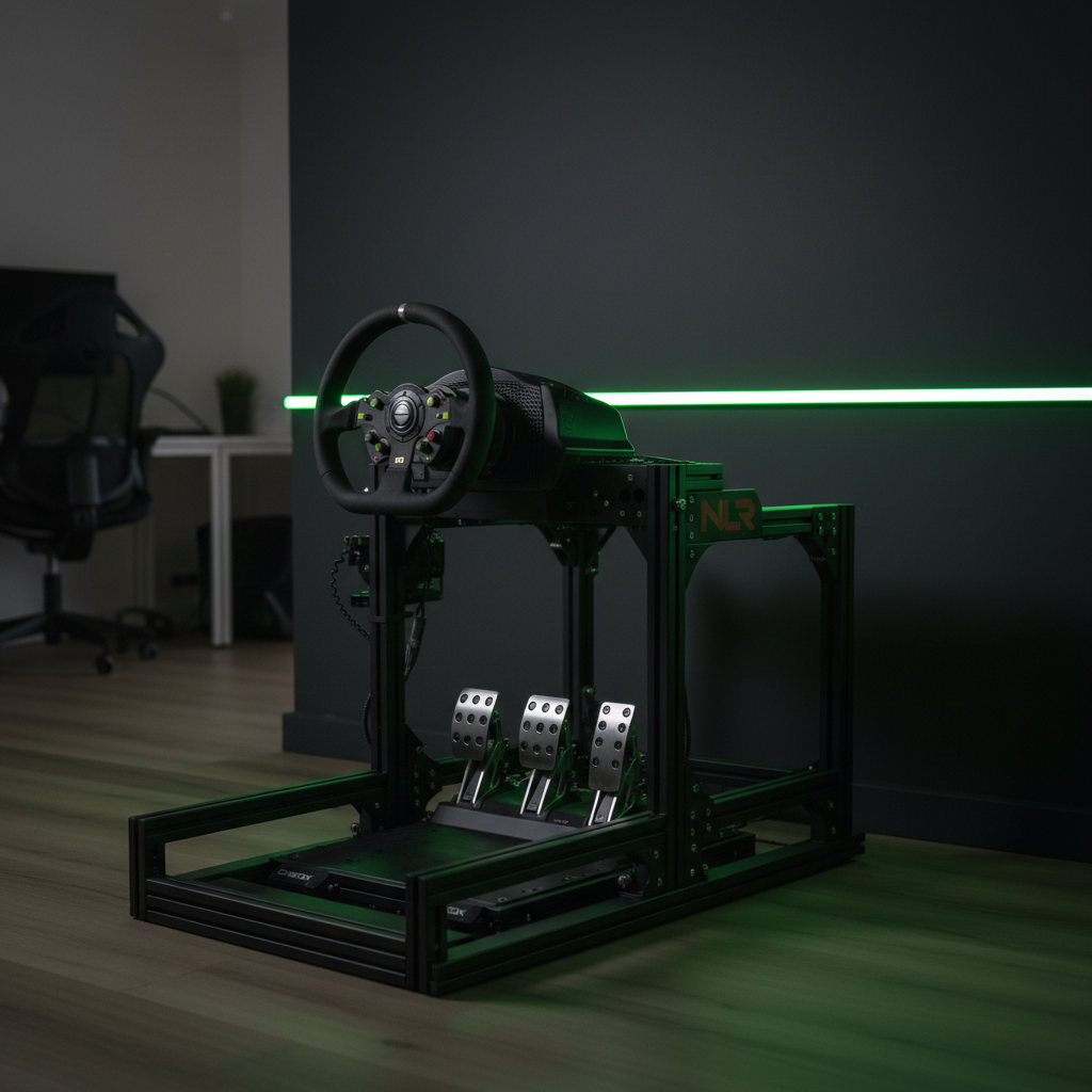 Close-up of a high-tech Simucube ActivePedal with a lime green and dark color scheme.