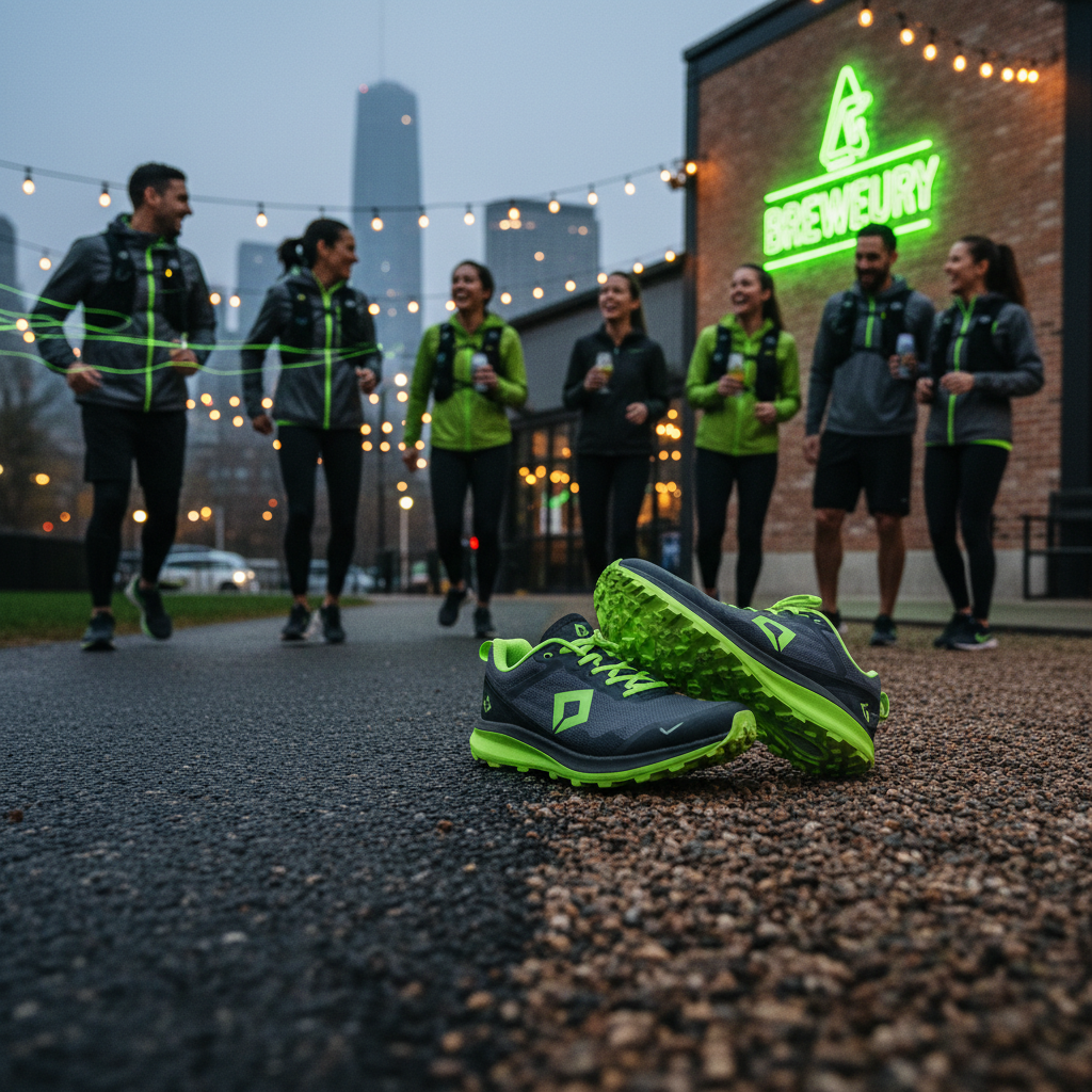 A pair of modern gravel running shoes with lime green accents, showing the hybrid tread designed for both urban pavement and park trails.