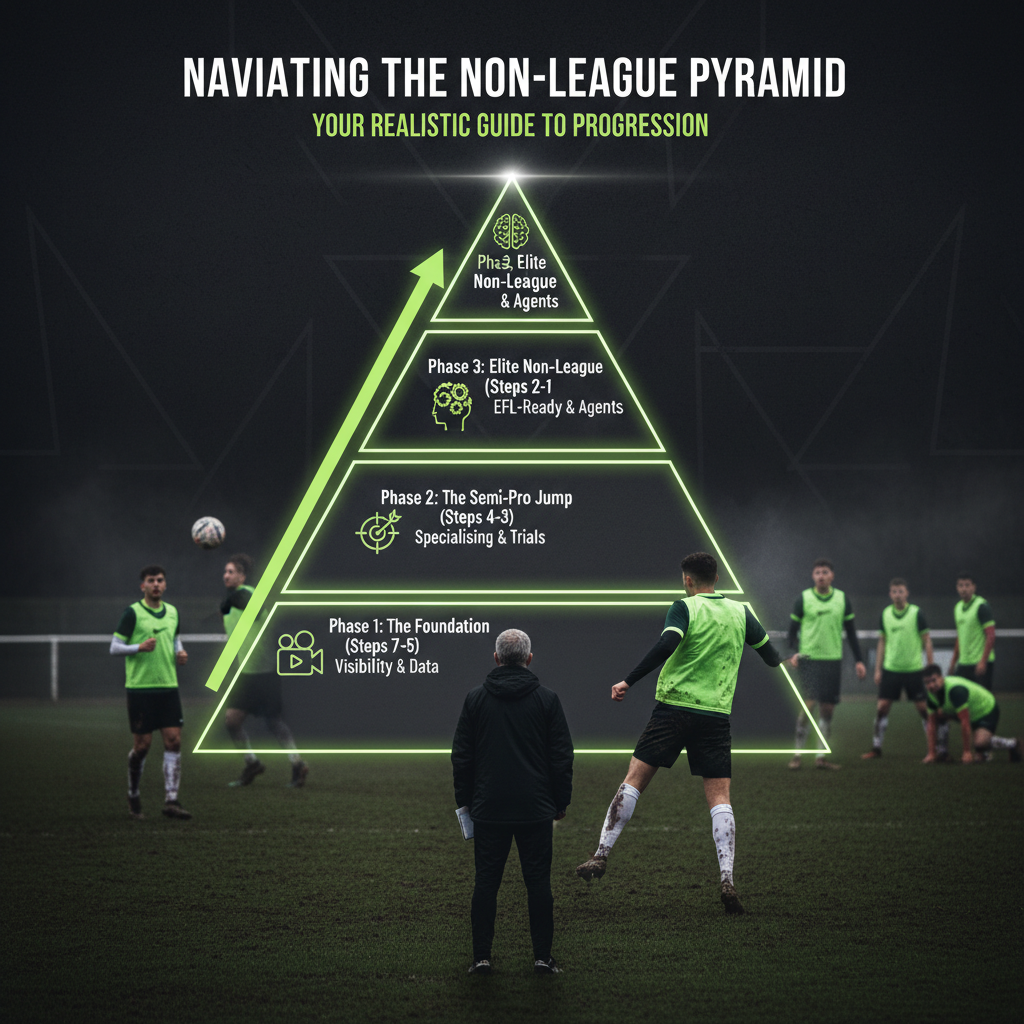 A dark-themed diagram illustrating the English non-league football pyramid steps, highlighted with lime green arrows showing upward progression from grassroots to elite levels.