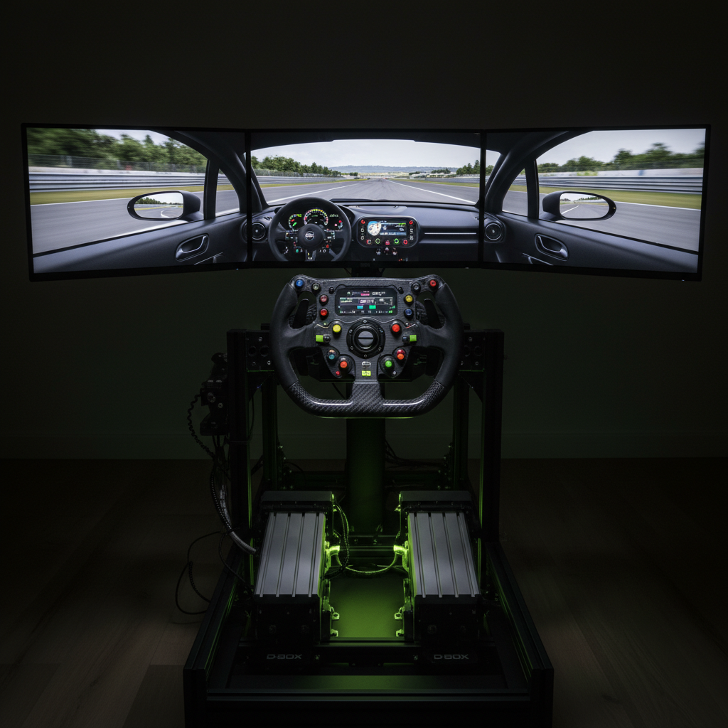 A Moza R5 direct drive wheel mounted on a foldable wheel stand in a room with dark tones and lime green accent lighting.