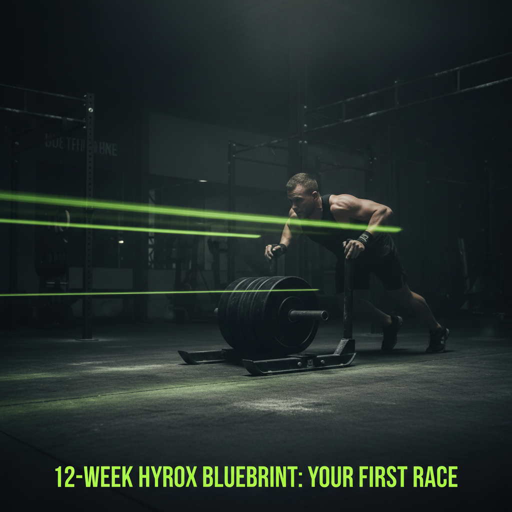 Athlete preparing for sandbag lunges in a dark gym with a lime green accent light, following a HYROX training plan.