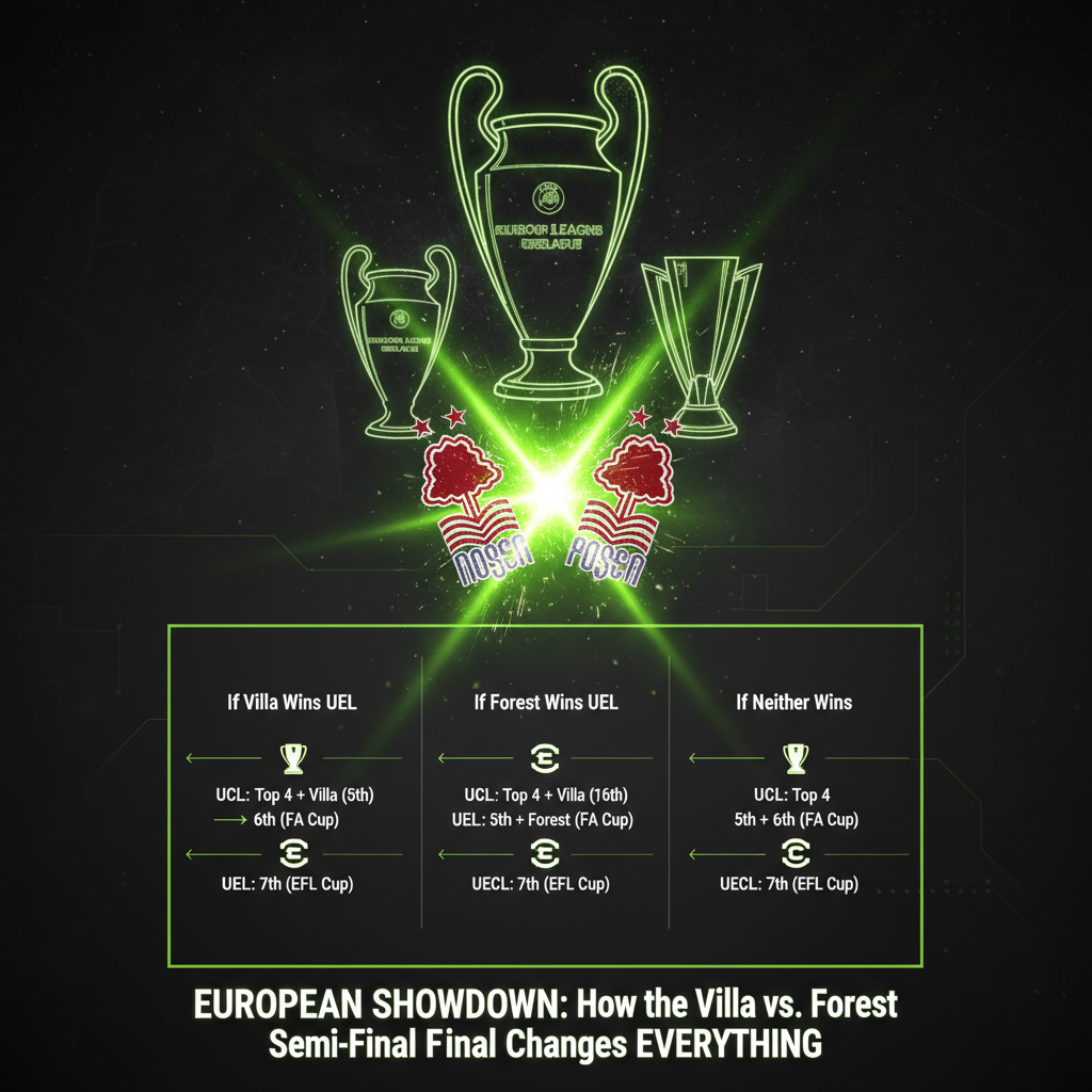 Infographic explaining how the Aston Villa vs Nottingham Forest Europa League result affects Premier League European qualification spots.