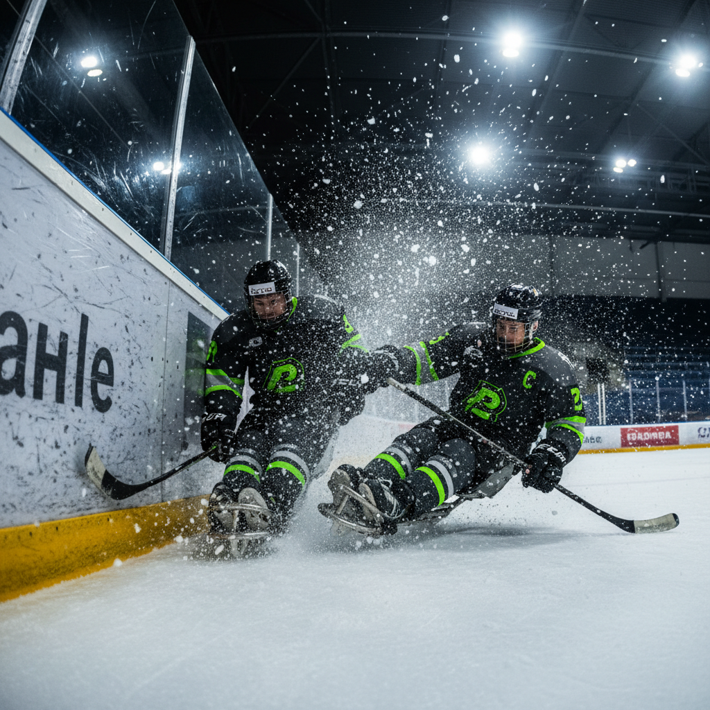 A wheelchair curling sheet seen from above, with glowing lime green rings and a stone in the center.