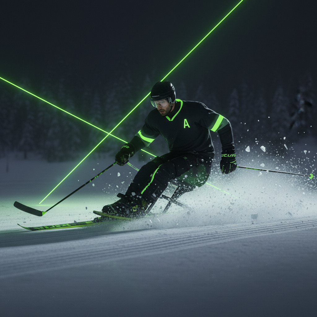A Para Nordic sit-skier with lime green accents