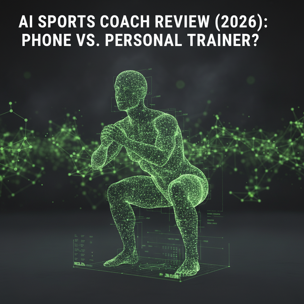 Futuristic cinematic thumbnail showing a glowing lime green human figure composed of data points mid-squat.