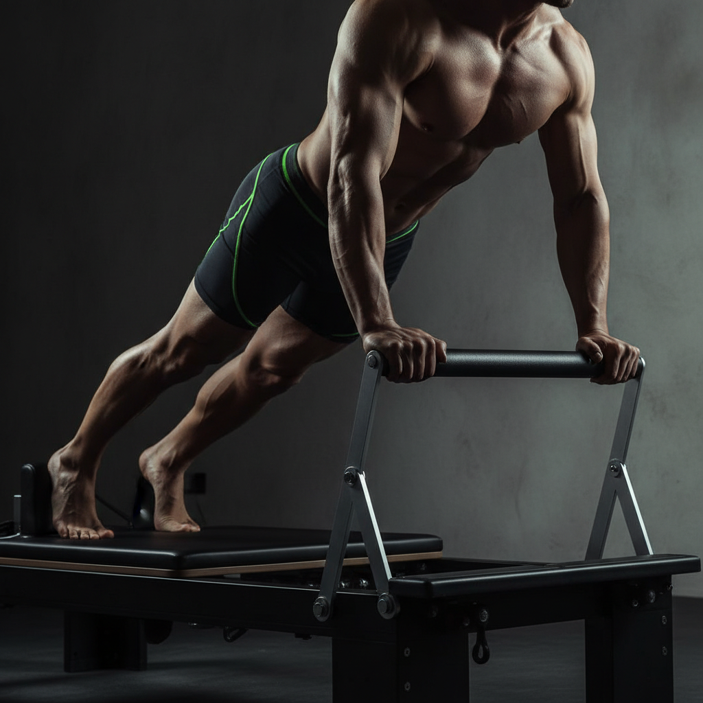 An athlete engages their core using arm straps on a Pilates Reformer, illustrating multi-planar movement in a dark studio with lime green accents.