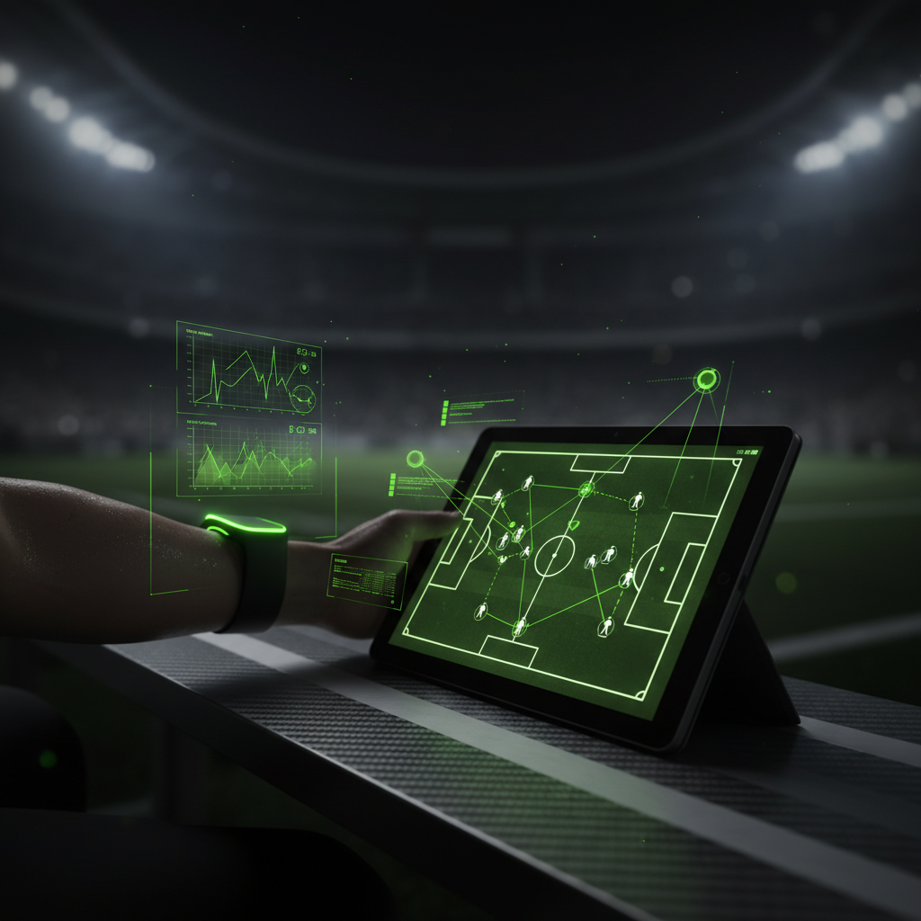 An NFL coach's tablet displaying an AI-generated football play with glowing lime green strategic lines.