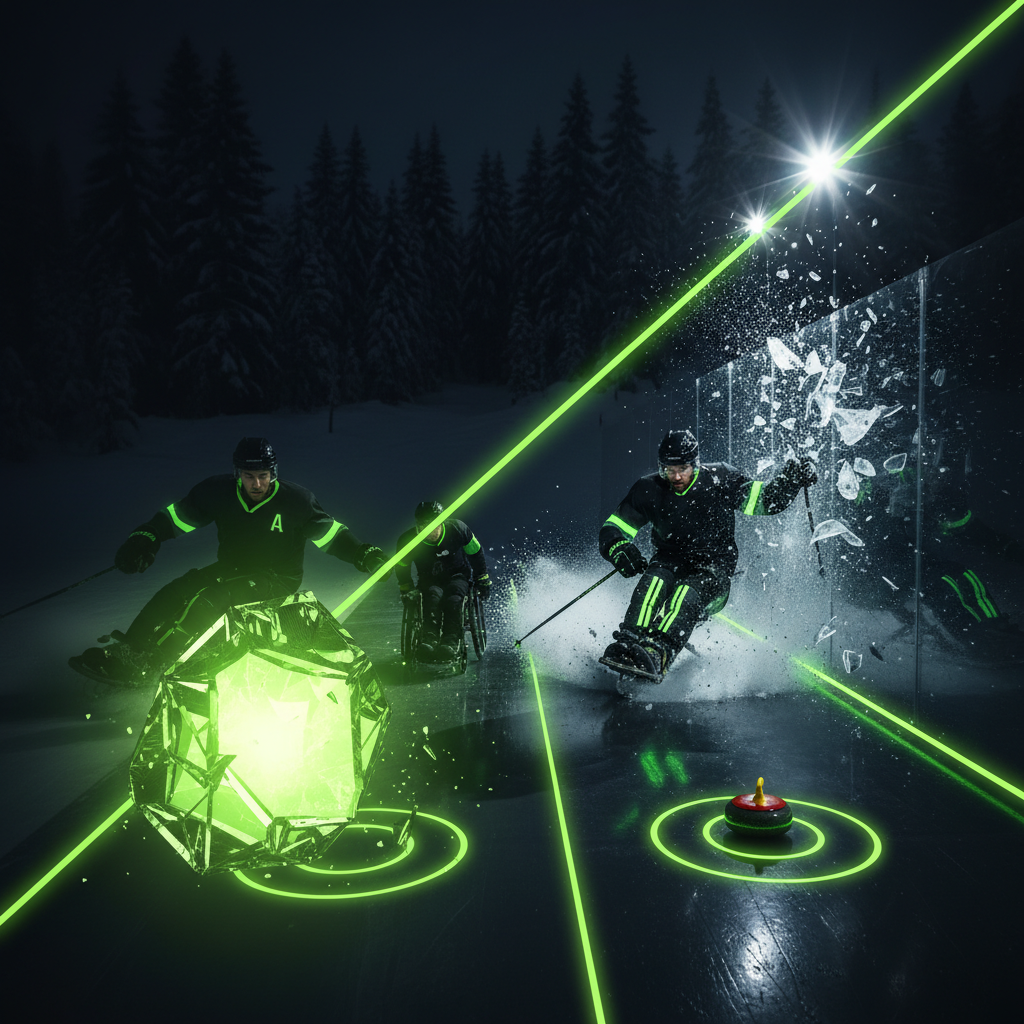 A Para Nordic sit-skier with lime green accents on their gear races through a dark, snowy course.