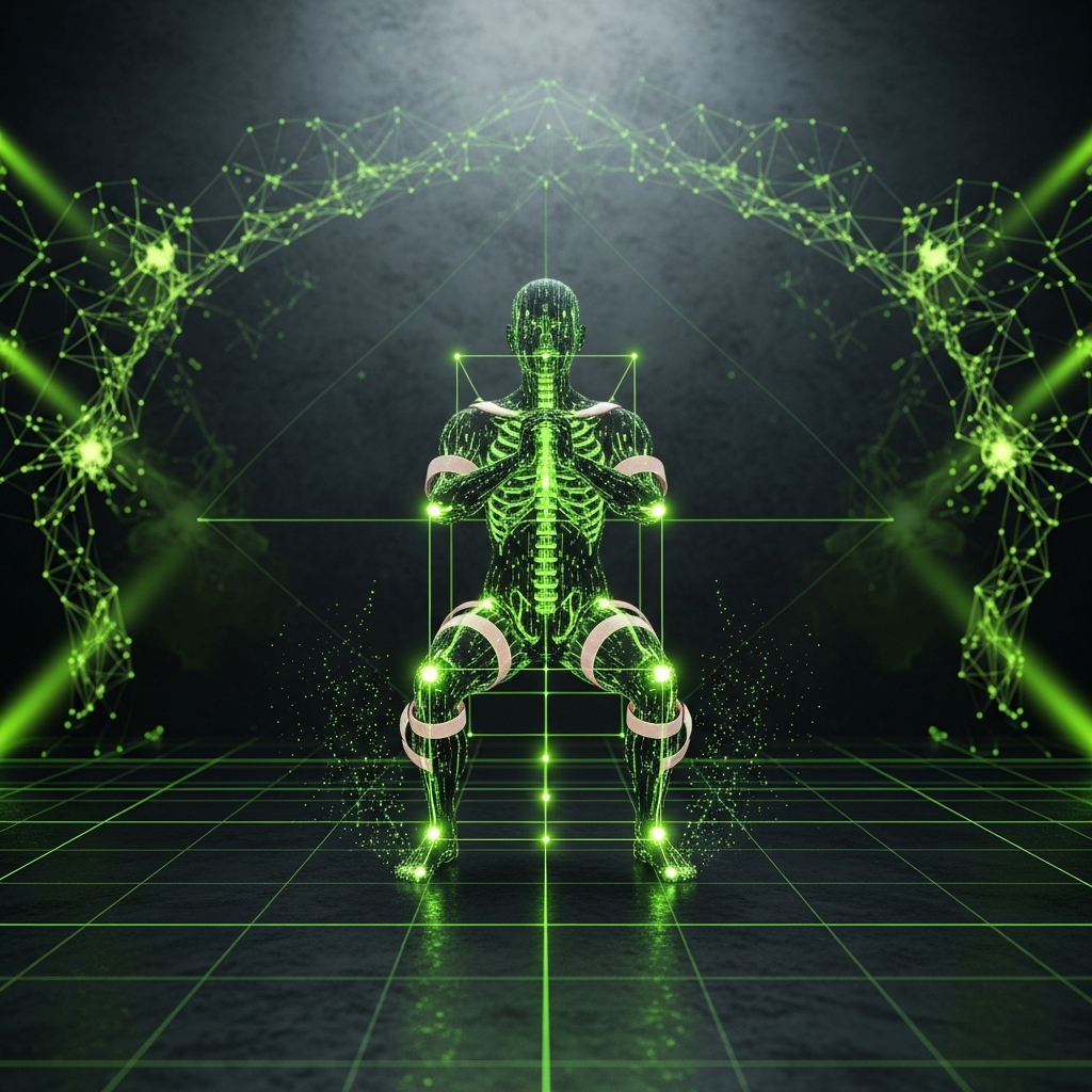 AI coaching app on a smartphone showing real-time form correction for a deadlift using computer vision.