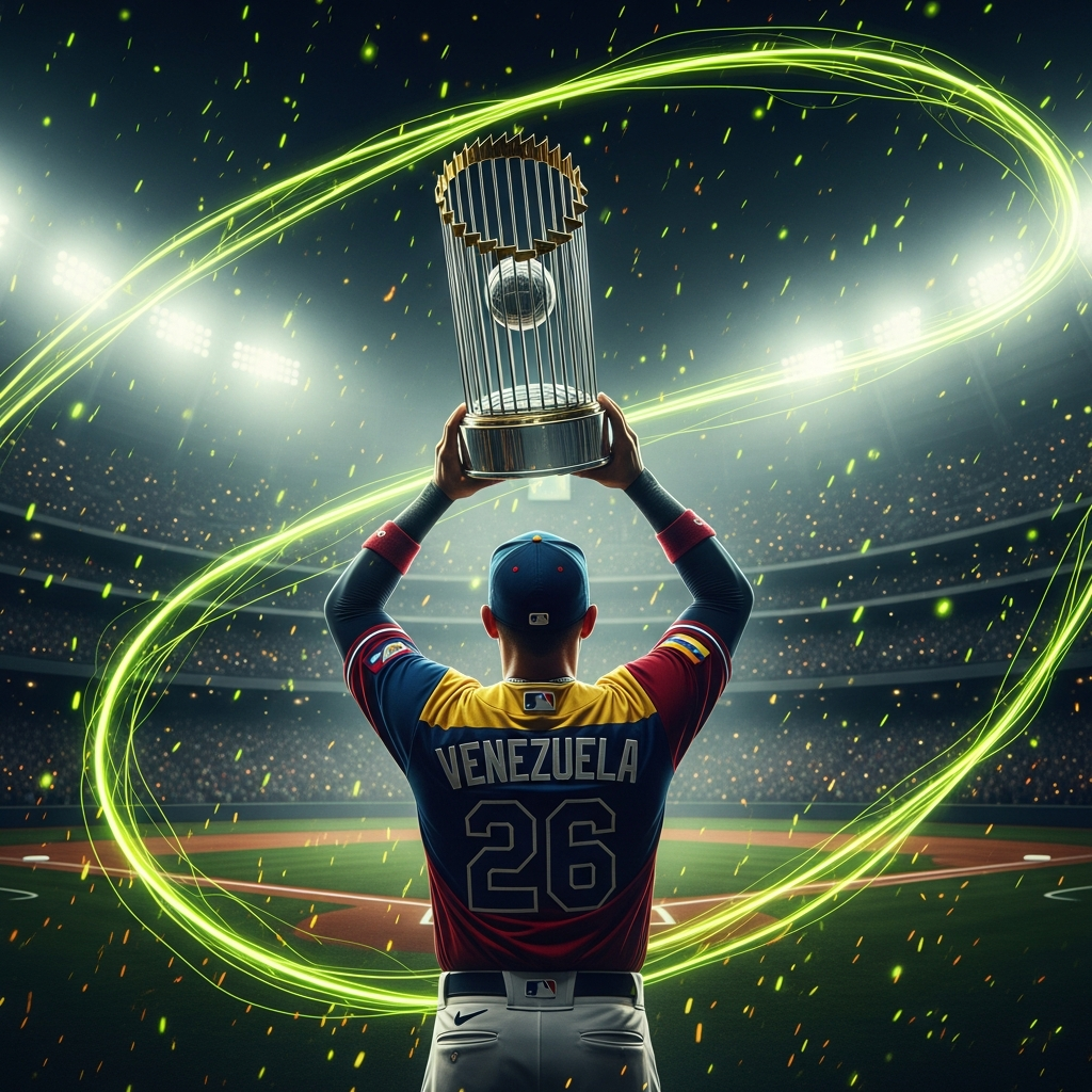 Venezuela player holding silver trophy in a dark stadium with lime green light trails