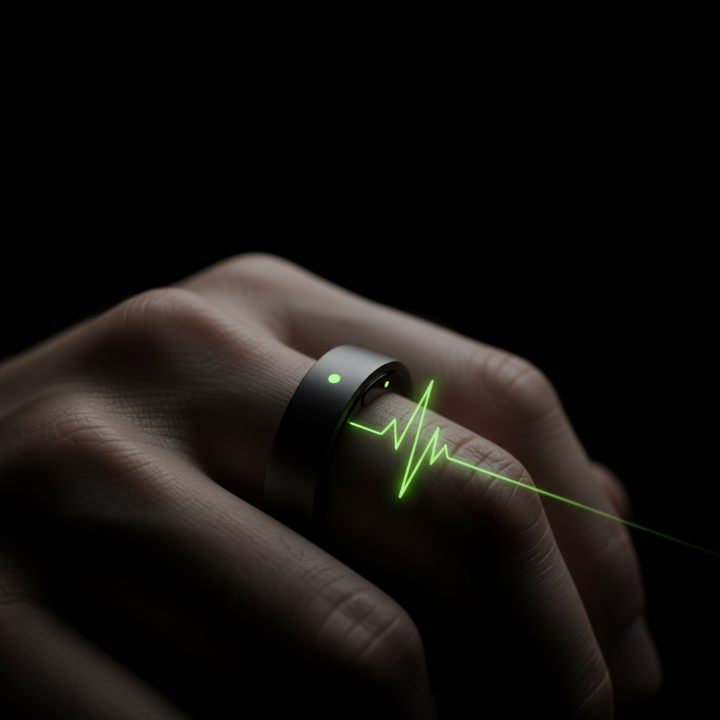 A close-up of a dark-toned smart ring tracking lime green HRV data visualization