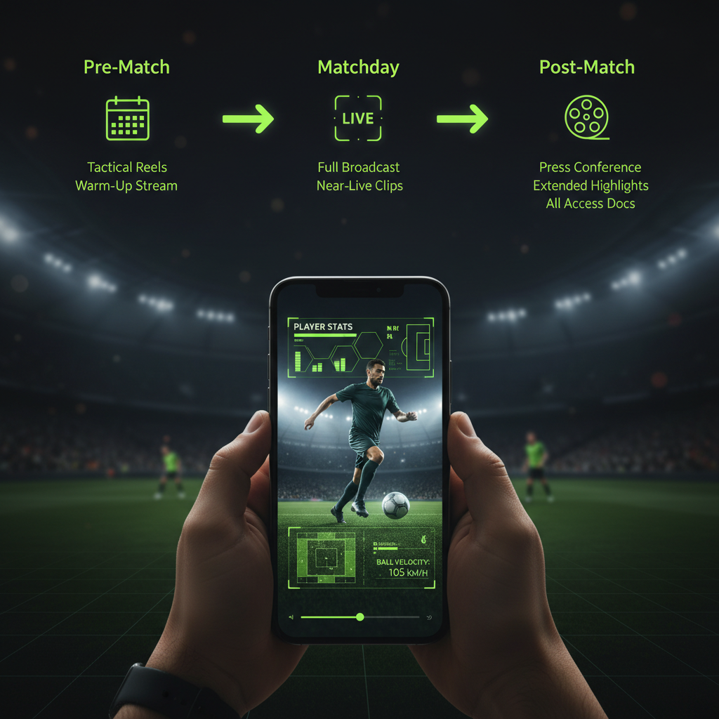 Infographic showing the live to VOD content pipeline for sports clubs, from pre-match build-up to post-match VOD assets.
