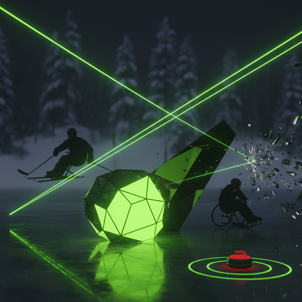 Two Para ice hockey players in dark and lime green uniforms collide fiercely on the ice.