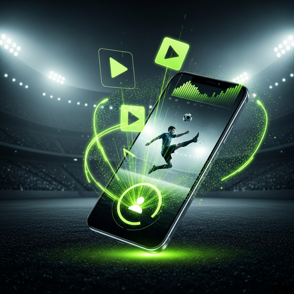 Thumbnail: Smartphone displaying a football player mid-volley kick with lime green dynamic graphics