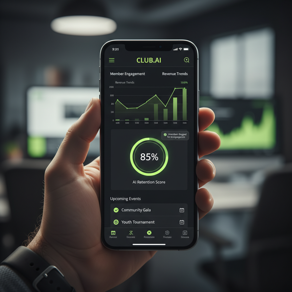 An AI-powered club management app dashboard showing member engagement analytics in a dark theme with lime green accents.