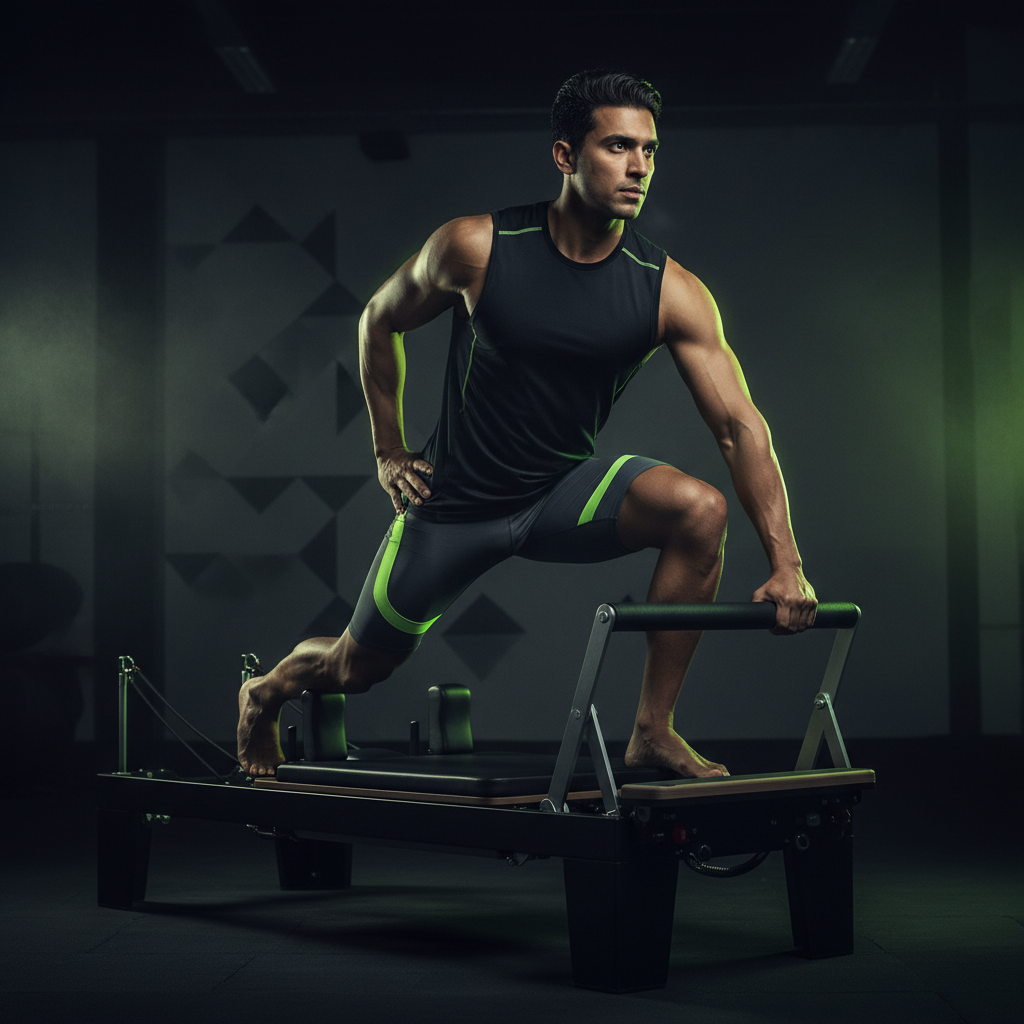 An athlete's lower body and core demonstrating control and muscle engagement during a Reformer Pilates exercise with a dark and lime green color scheme.