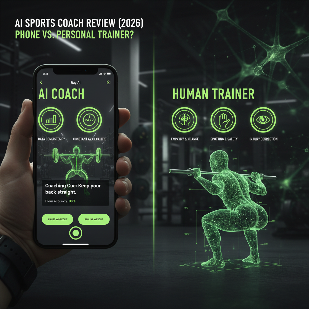 AI coaching app on a smartphone showing real-time form correction for a deadlift using computer vision.