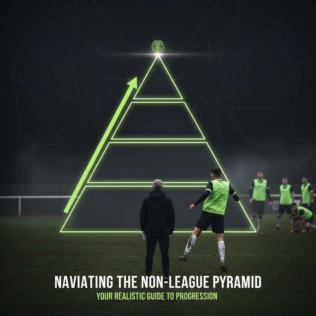 A football manager intently observing players during a non-league trial, with a dark and focused color scheme accented by the players lime green training bibs.