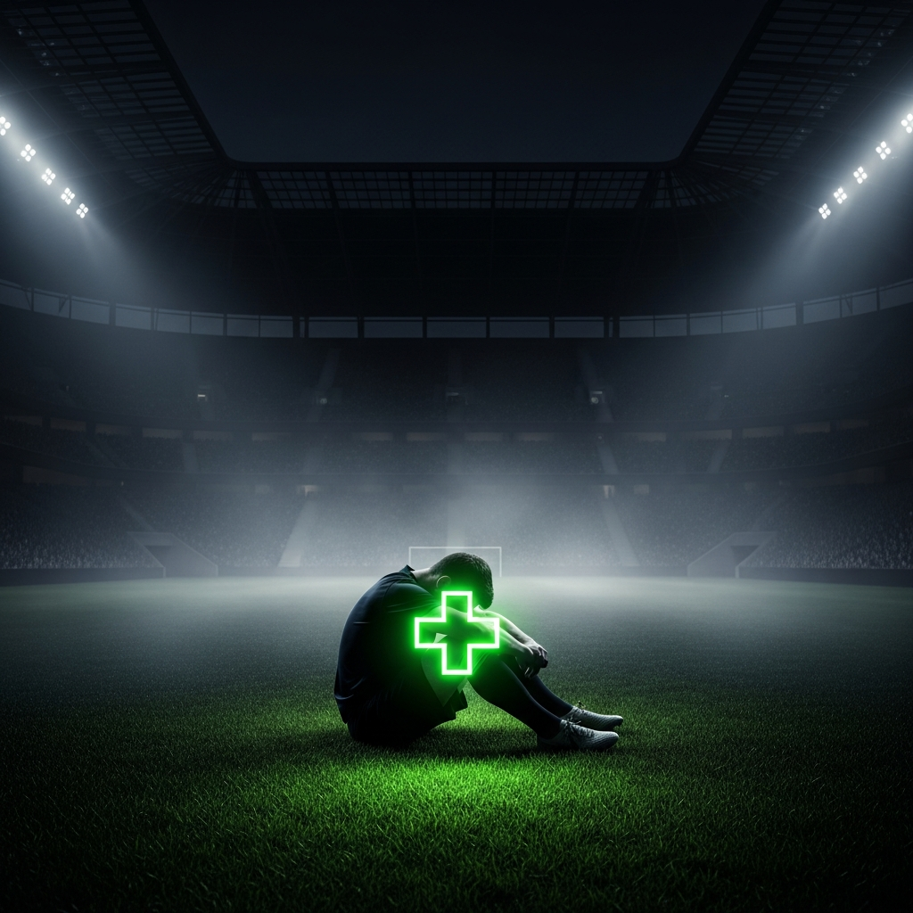Dejected football player sitting in a dimly lit stadium