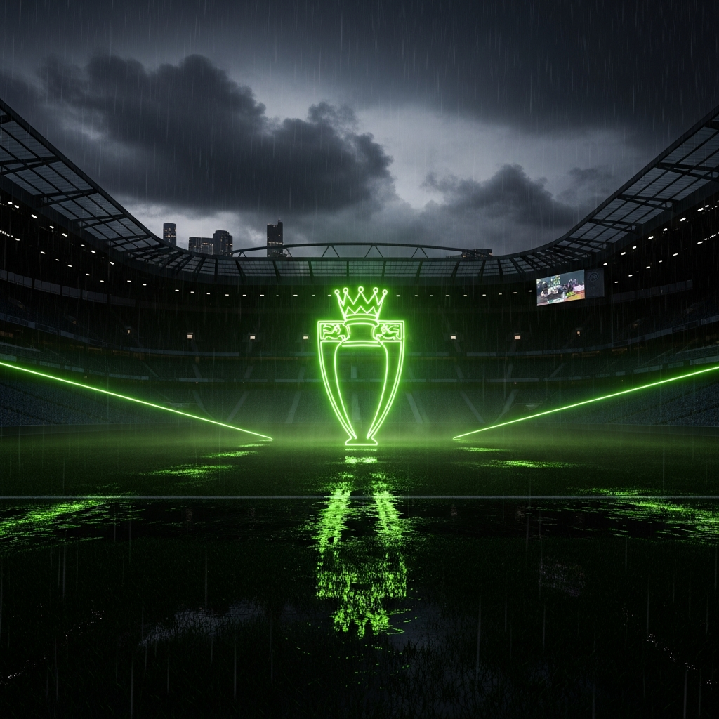 Cinematic football stadium at night with glowing trophy