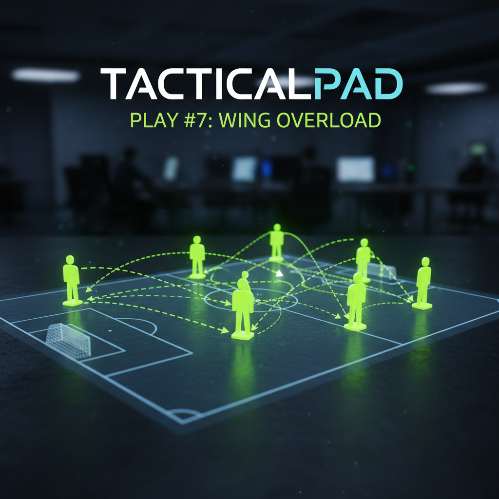 A futuristic 3D tactical lineup board for soccer, displaying player positions and movements in glowing lime green.