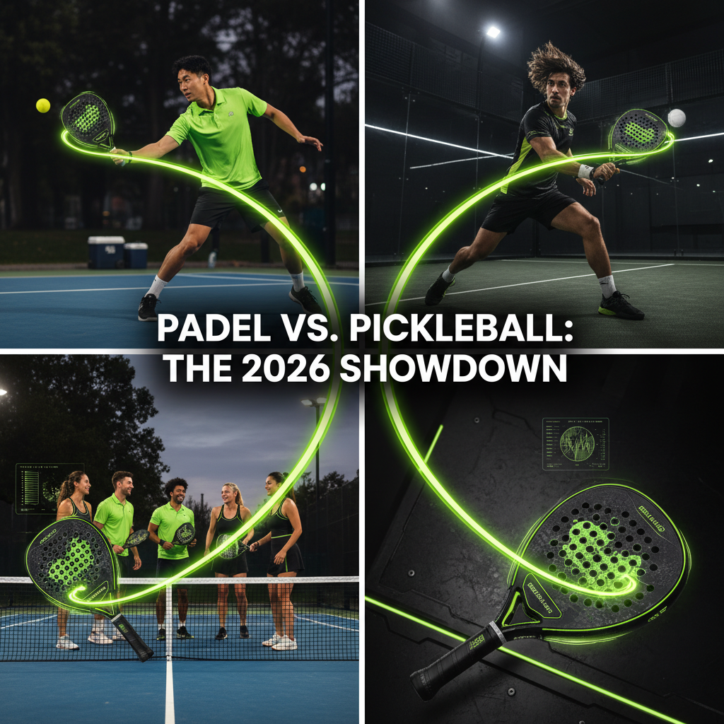 A diverse group of friends enjoying a social game of pickleball on a modern court with lime green accents.