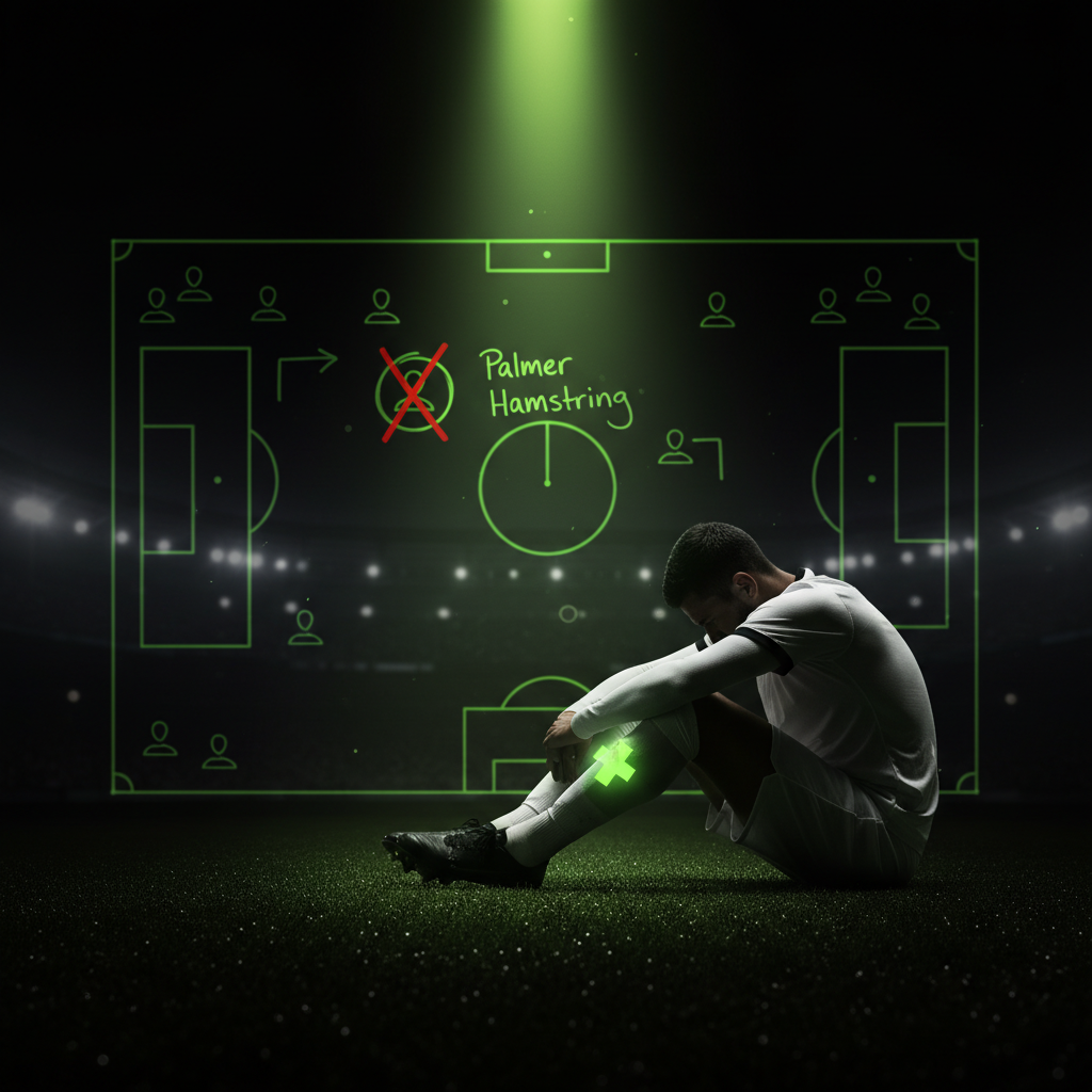 Football tactics board with an injured player icon highlighted in a dark and lime green color scheme.