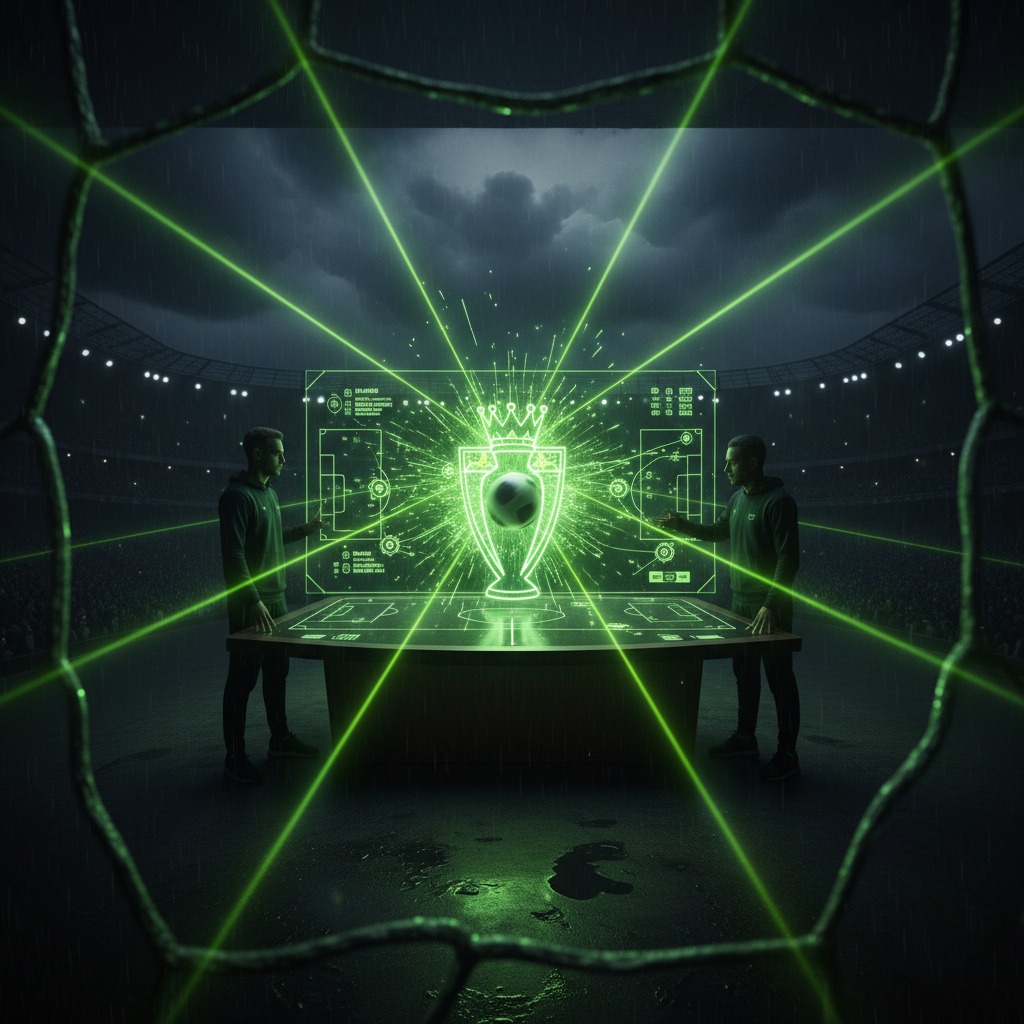 Abstract football goal celebration with lime green energy effects on a dark background