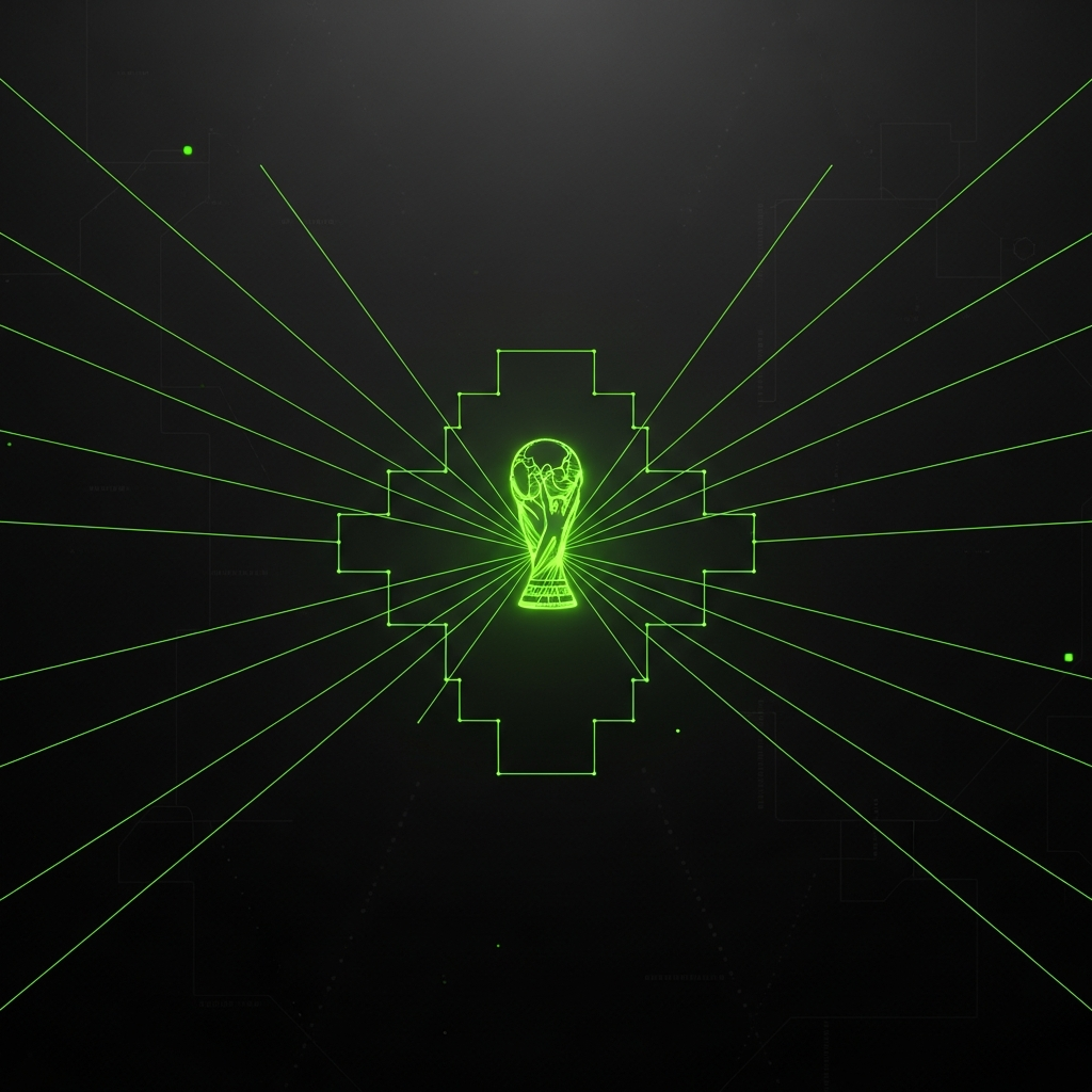 A hyper-modern 16:9 thumbnail with a glowing lime green World Cup trophy and 48 interconnected bracket lines
