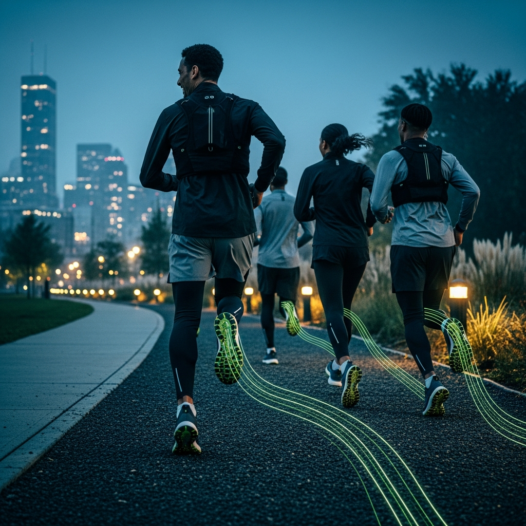 Group of runners on an urban trail at dusk